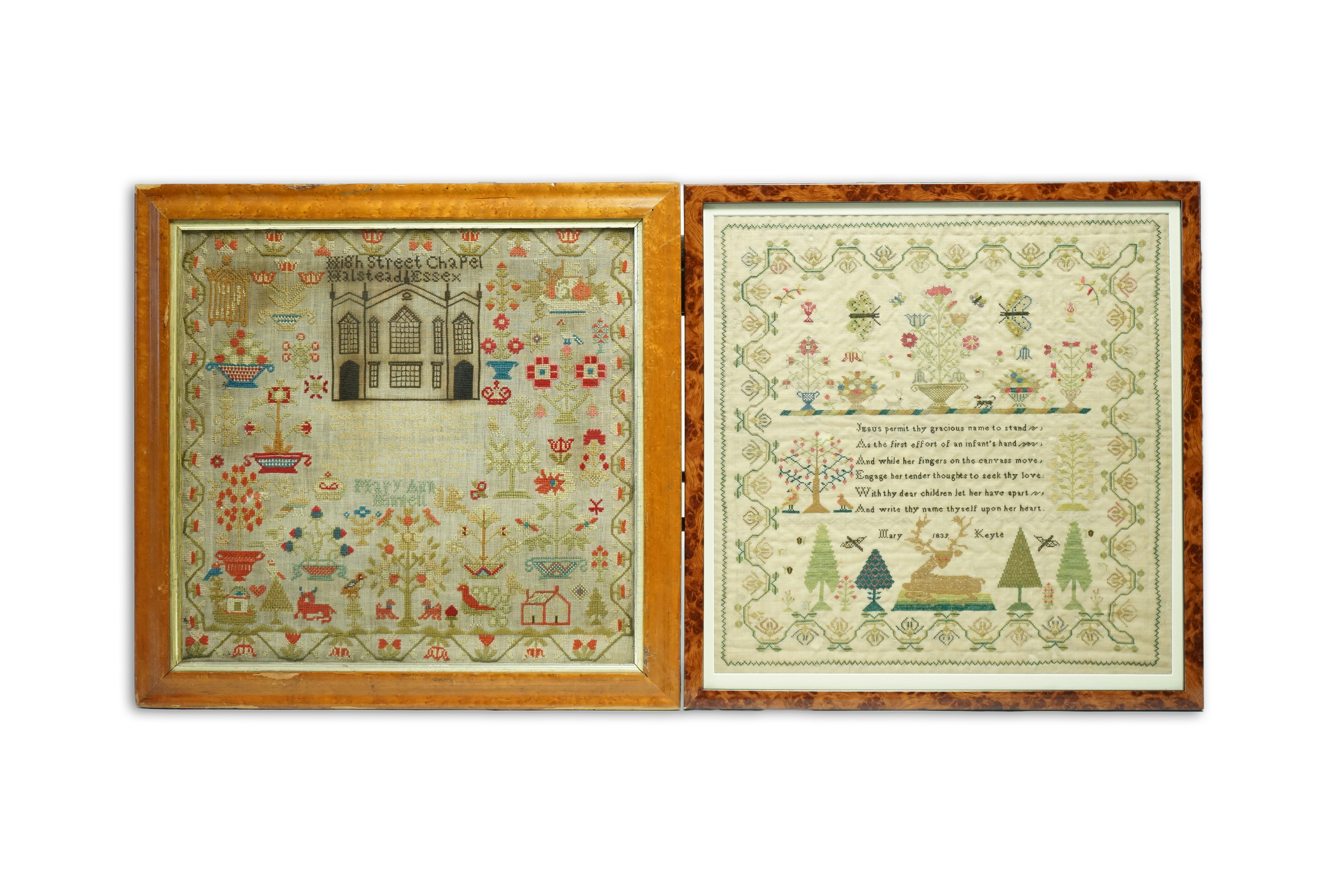 Two Victorian samplers. One ornately worked by Mary Keyte dated 1839 with butterflies, deer, dogs, birds, trees and flowers, the other by Mary A Winnell, (undated), worked with a large motif of High Street Chapel Halstea